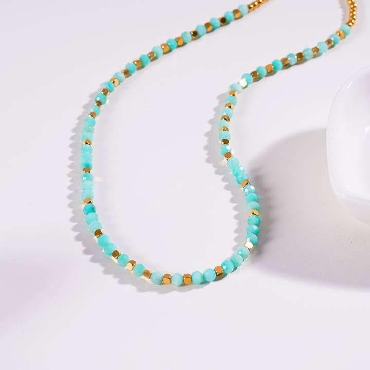 HACKNEY NINE - Wholesale Beaded/Pearl Necklace - CONSTANCE: Amazonite Stones & Gold Beaded Necklace4