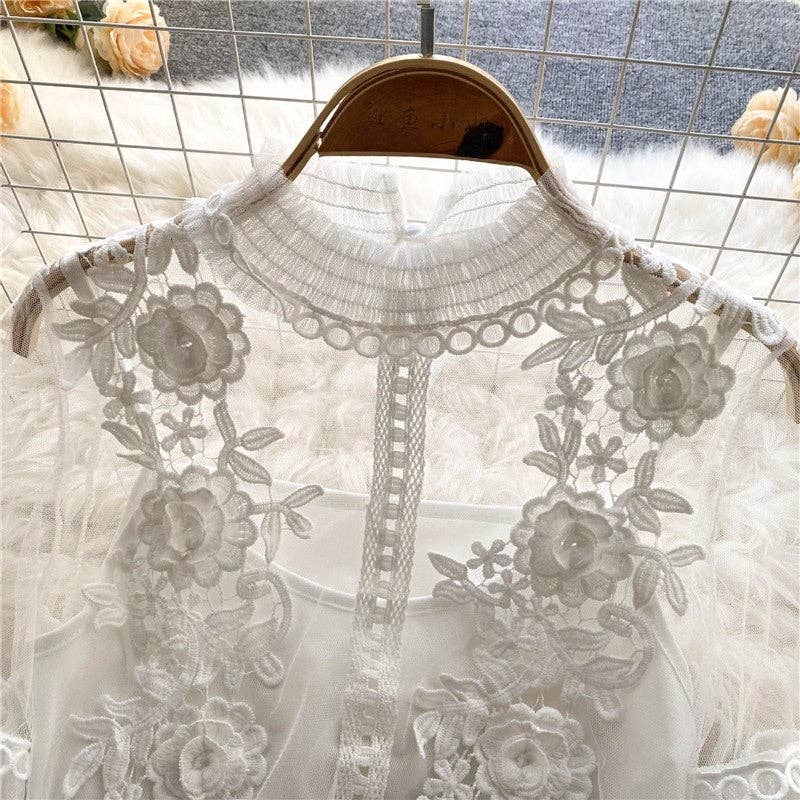 UZ Wholesale Store - Vente Chemisier – femme - Top en maille 3D transparent à manches lanterne et imprimé floral8