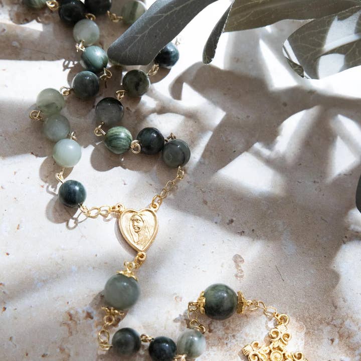 Olive Grove Rosary | Green Jade Rosary: 18k Gold Plated Catholic Rosary for wholesale by Forever Rosary