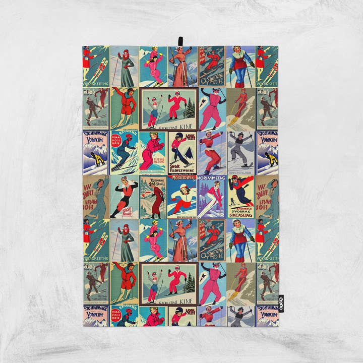 Sofs Designs - Wholesale Tea Towel - Tea Towels in Vintage women Skier Art, with 2 color theme