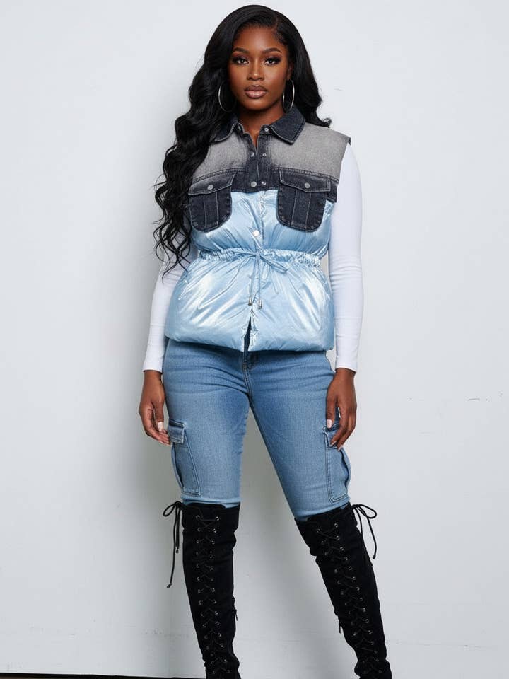 DENIM KONTRASTFARVET BLOK-PUFFERVEST for engroshandel hos 5besties inc