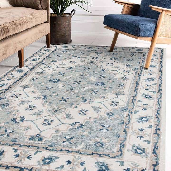 LR Home - Vente Tapis - Tapis d'intérieur en laine biologique à motif floral gris/ivoire traditionnel1