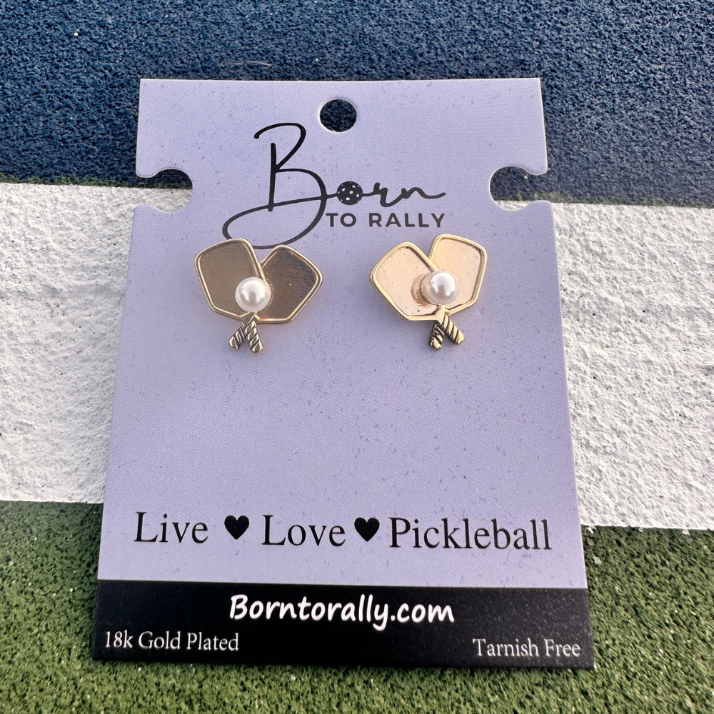 Born to Rally - Wholesale Stud/Post Earrings - Gold Pickleball Pearl Paddle Stud Earrings2