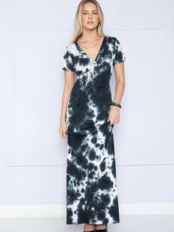 TIE DYE V-NECK SHORT SLEEVE MAXI DRESS for wholesale by Burgundy Apparel