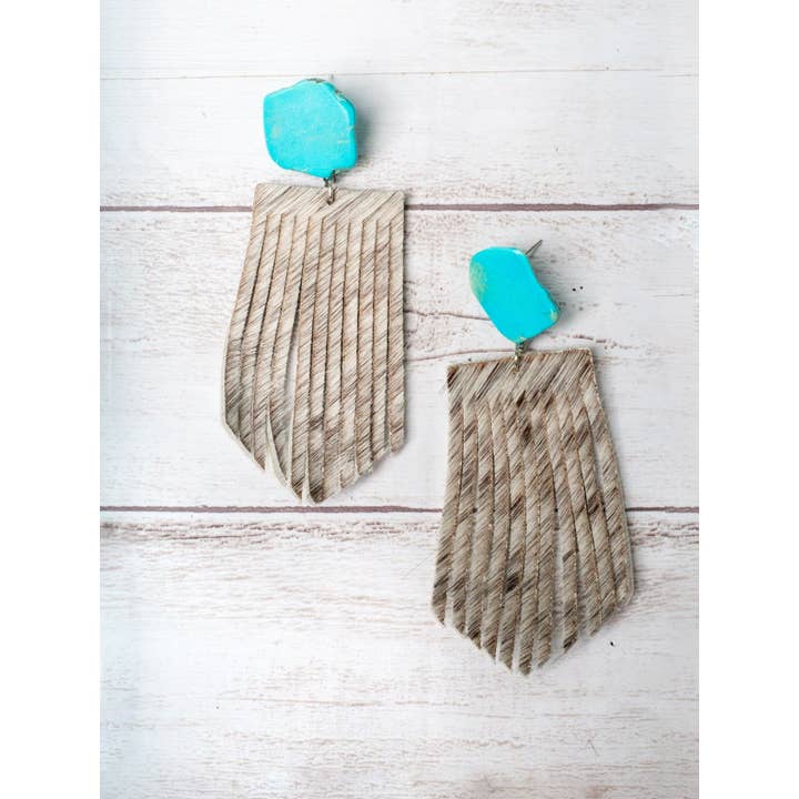 LET'S GO GIRLS TURQUOISE SLAB STUD WITH WHITE COWHIDE FRINGE EARRINGS for wholesale on Faire