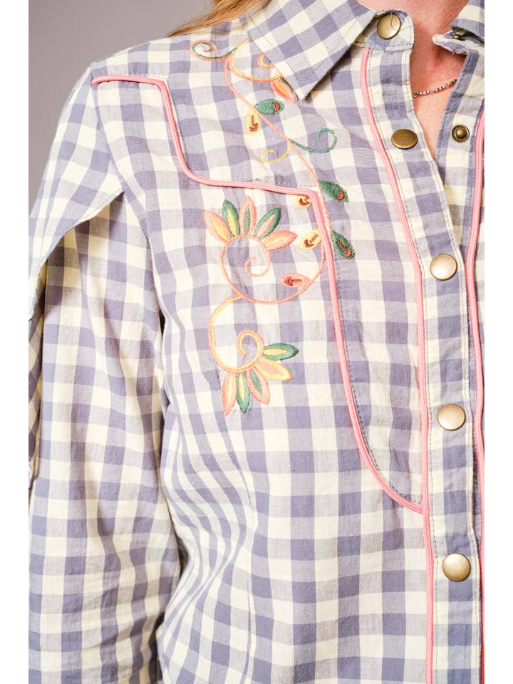 GREY 23566T - Gingham Embroidered Western Snap Blouse for wholesale on Faire