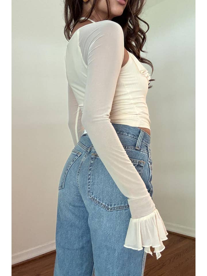 Salty - Wholesale Blouse - Women's - RUFFLE TRIM LONG SLEEVE CROP TOP18