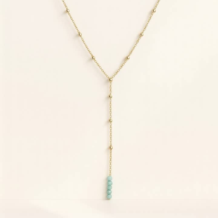 Collar en Y de acero inoxidable dorado y Amazonita para venta al por mayor de Clary Scott Paris