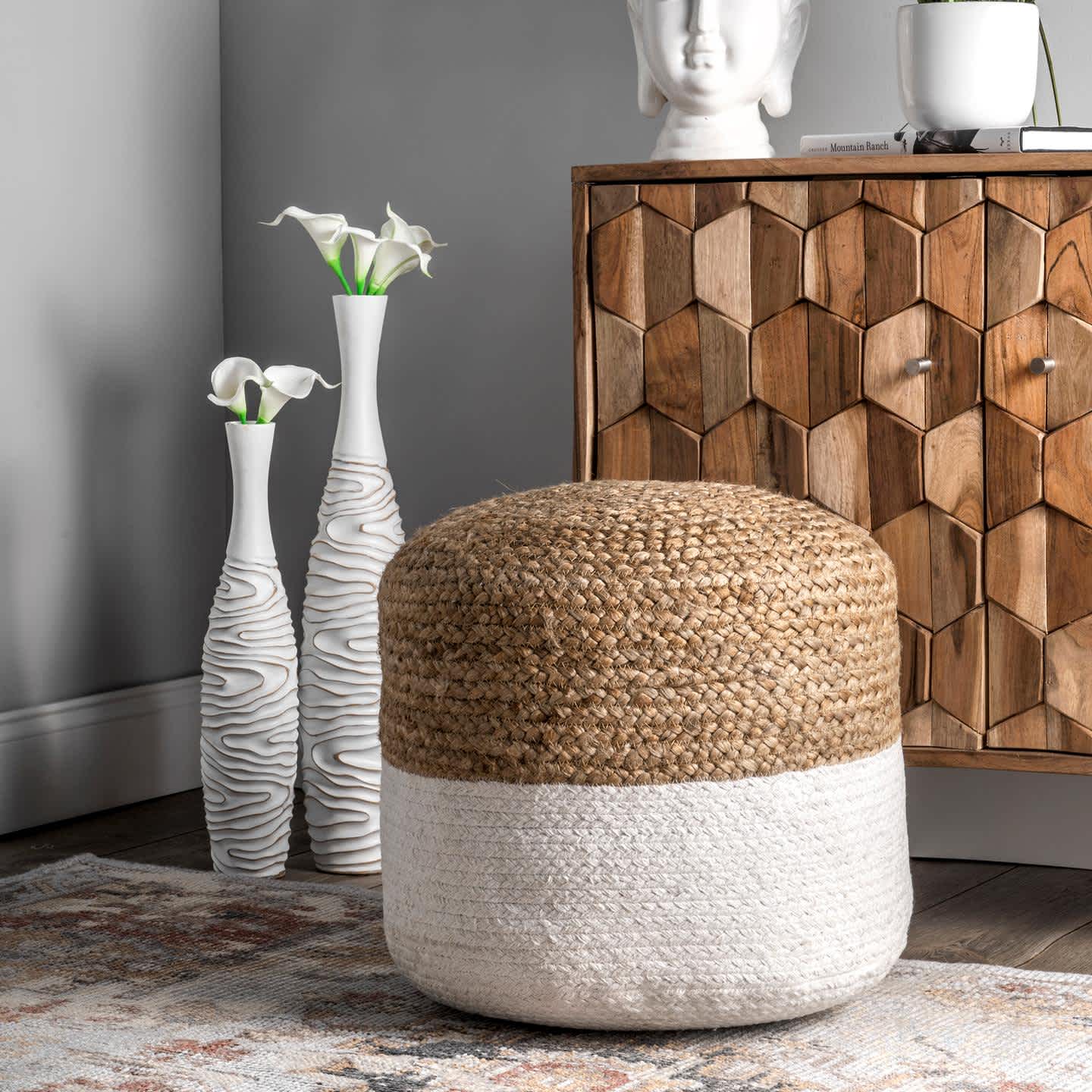 Natural Janis Braided Jute Filled Ottoman Pouf for wholesale on Faire1