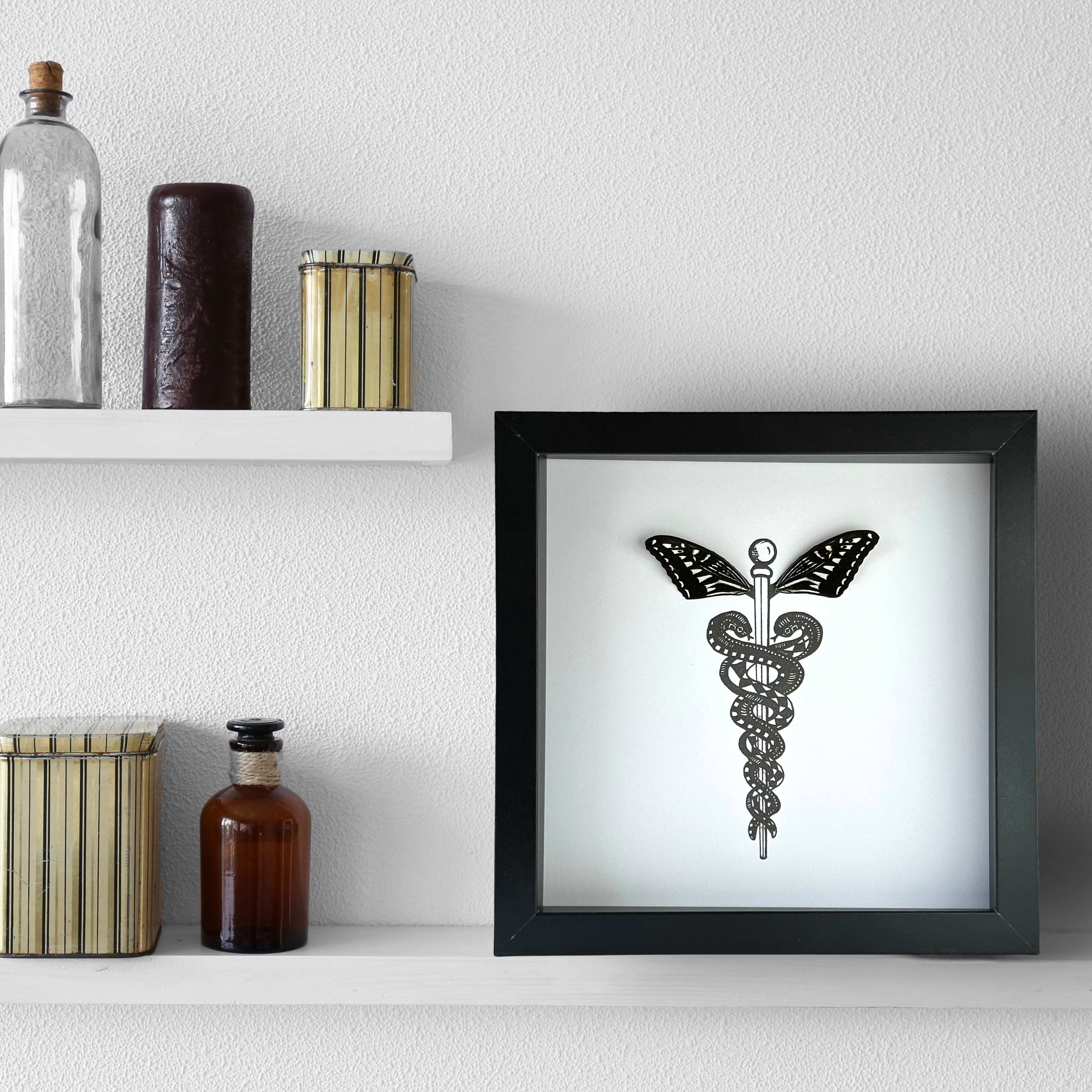 Isms - Wholesale Wall Accent - Caduceus Medical Symbol Framed Art with Real Butterfly Wings1
