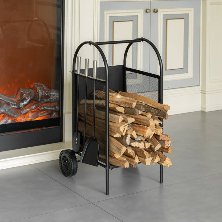 Quickway Imports - Wholesale Fire Pit - Indoor and Outdoor Patio Iron Firewood Log Cart with Wheels8