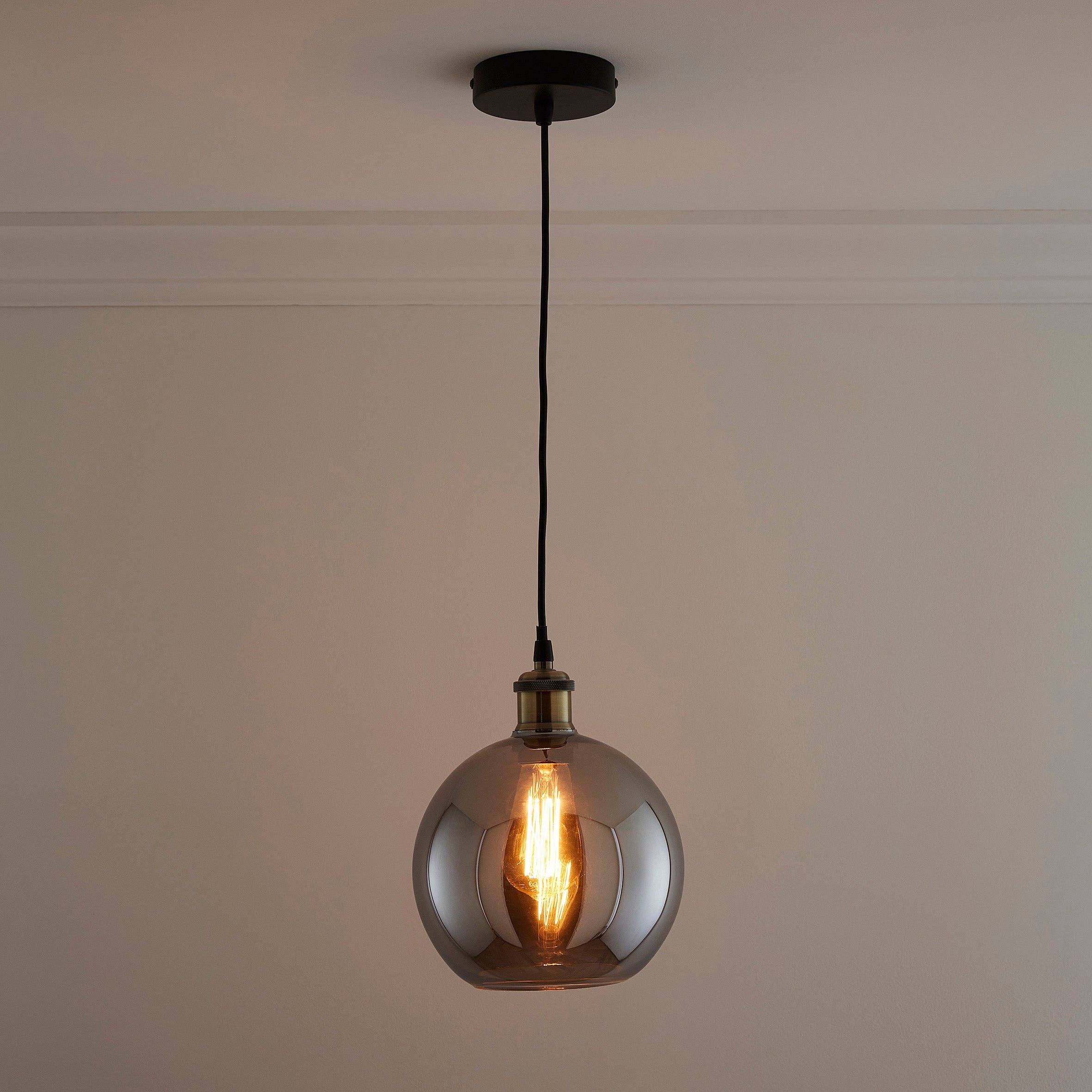 K LIVING – wholesale Chandelier/hanging light – Antonio 1 light Hanging Glass Ceiling Pendant with Filament Bulb 3 Colours Available Amber, Smokey Grey and Clear0