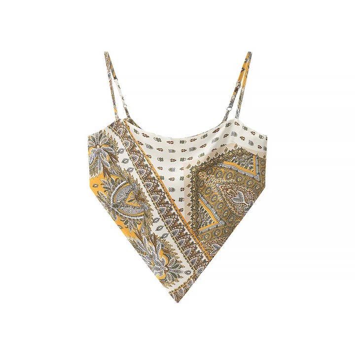 Rosa Clothing - Wholesale Camisole - Women's - Silk Vintage Print Backless Lace-Up Cropped Camisole Top
