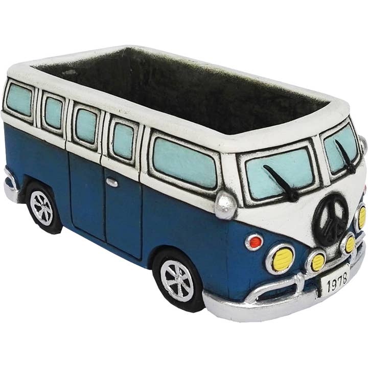 8" Cement Blue VW Bus Planter for wholesale by Santa’s Workshop Inc.