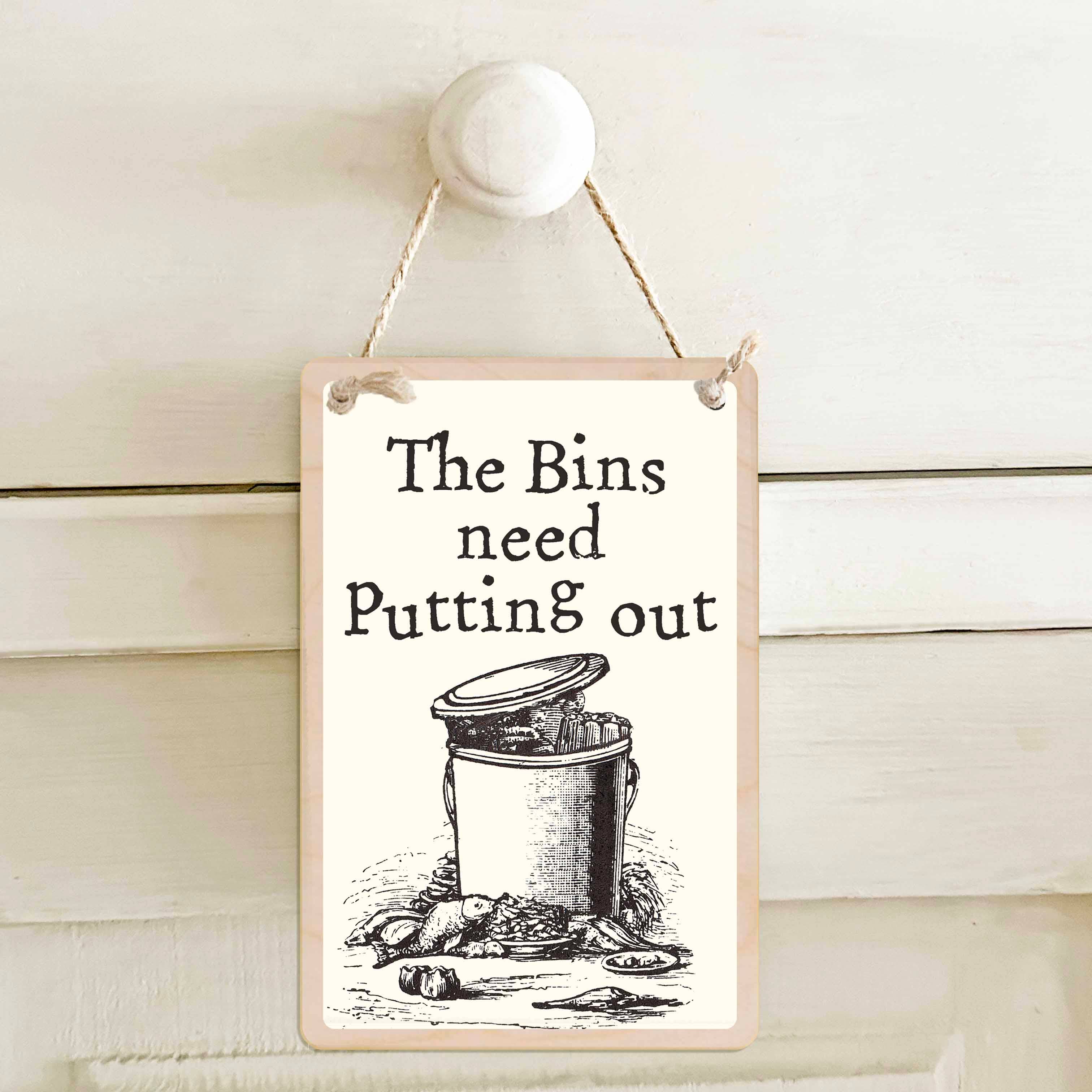 THE WOODEN POSTCARD COMPANY - Vendita all'ingrosso Cartelli - I bidoni sono fuori / Da mettere fuori - Insegna in legno a doppia faccia1