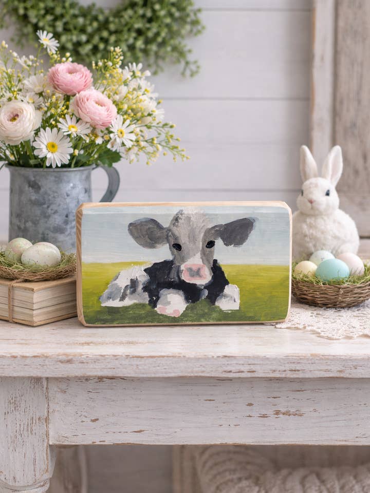 Rustic Hand-Painted Baby Cow Wooden Block- Spring 2026 for wholesale by Kelly Jean Paintings