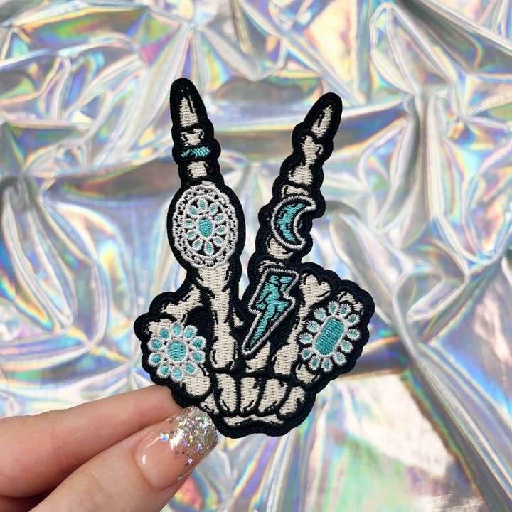The Crafty Engineer - Wholesale Patch - Skeleton Hand with Turquoise Rings Embroidered Patch Iron-On for Hats