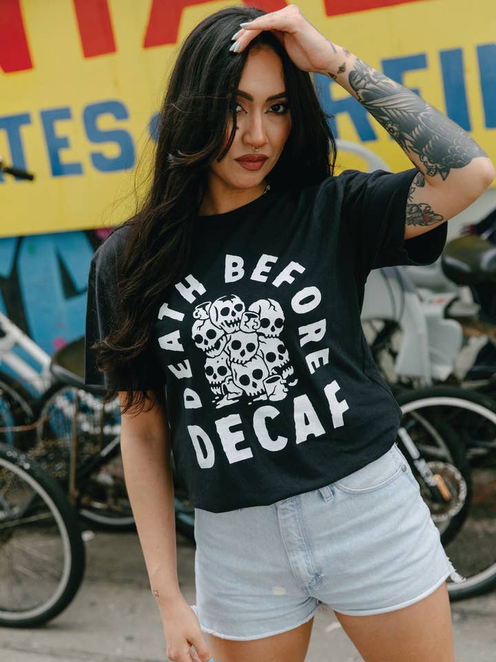 Pyknic - Wholesale Screen Printed T-Shirt - Unisex - Death Before Decaf Coffee Vintage Style Graphic Tee Adults1