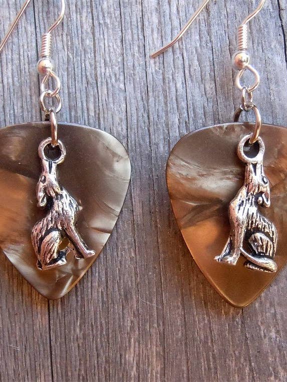 Wolf Charm Guitar Pick Earrings for wholesale by Simply Raevyn