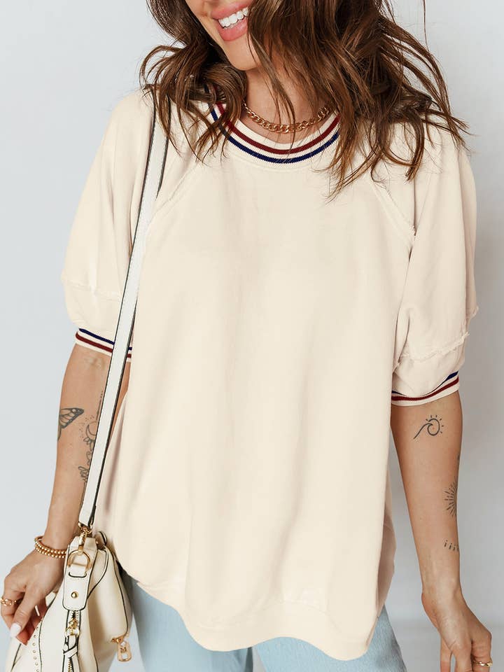 Beige Contrast Varsity Striped Neckline Cuffed Short Sleeve Loose Tunic Top for wholesale by Lovesoft