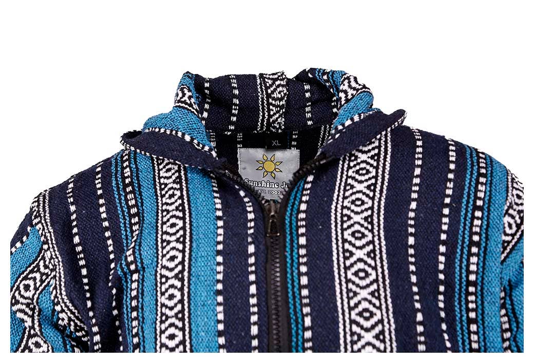 Sunshine Joy – Engroshandel Hoodie – Unisex – Vævet Baja-stil hættetrøje med lynlås i marineblå striber2
