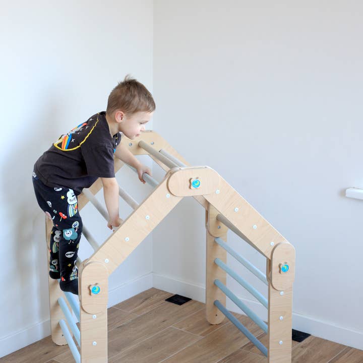 HappyMoon - Wholesale Wood Toy - Kids - Blue Transformable Climber, Modifiable Pikler Triangle