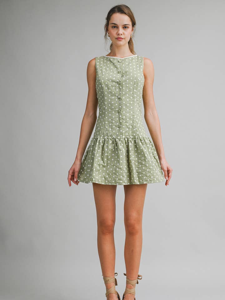 ED6111Y Sage Ditsy Floral Mini Dress with Button Front for wholesale by Endless Blu