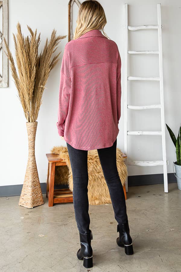 7th Ray - Wholesale Button Down Shirt - Women's - Rib Drop Shoulder Patch Pockets Button Down Shacket T480626