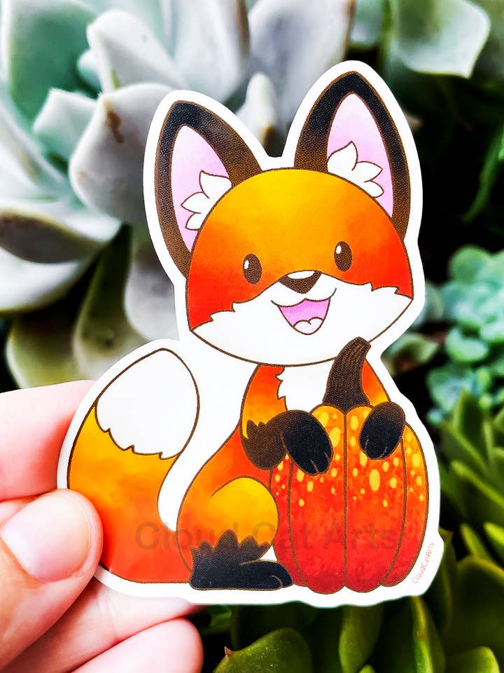 Pumpkin Fox - Cute Fall Animal - Vinyl Sticker for wholesale by Cloud Cat Arts