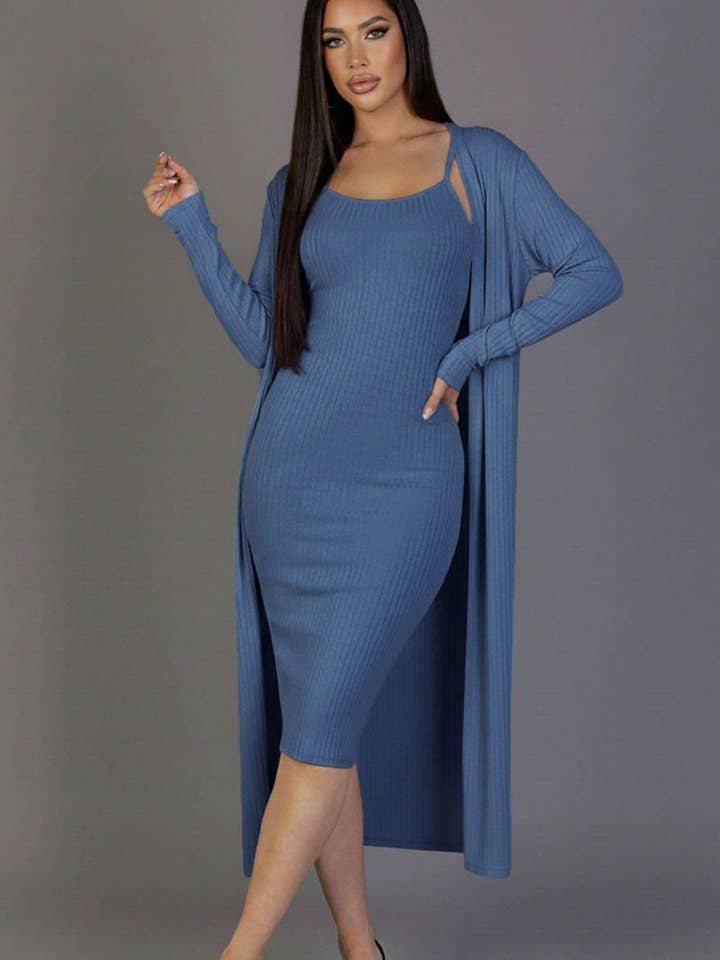 CAPELLA APPAREL - Wholesale Dress - Women's - Ribbed Cardigan & Cami Midi Bodycon Dress3