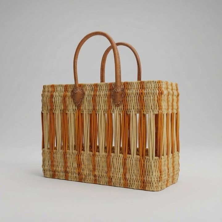 Woven Reed Market Basket Leather Handles Rust Boho Shopper for wholesale by Melecraft