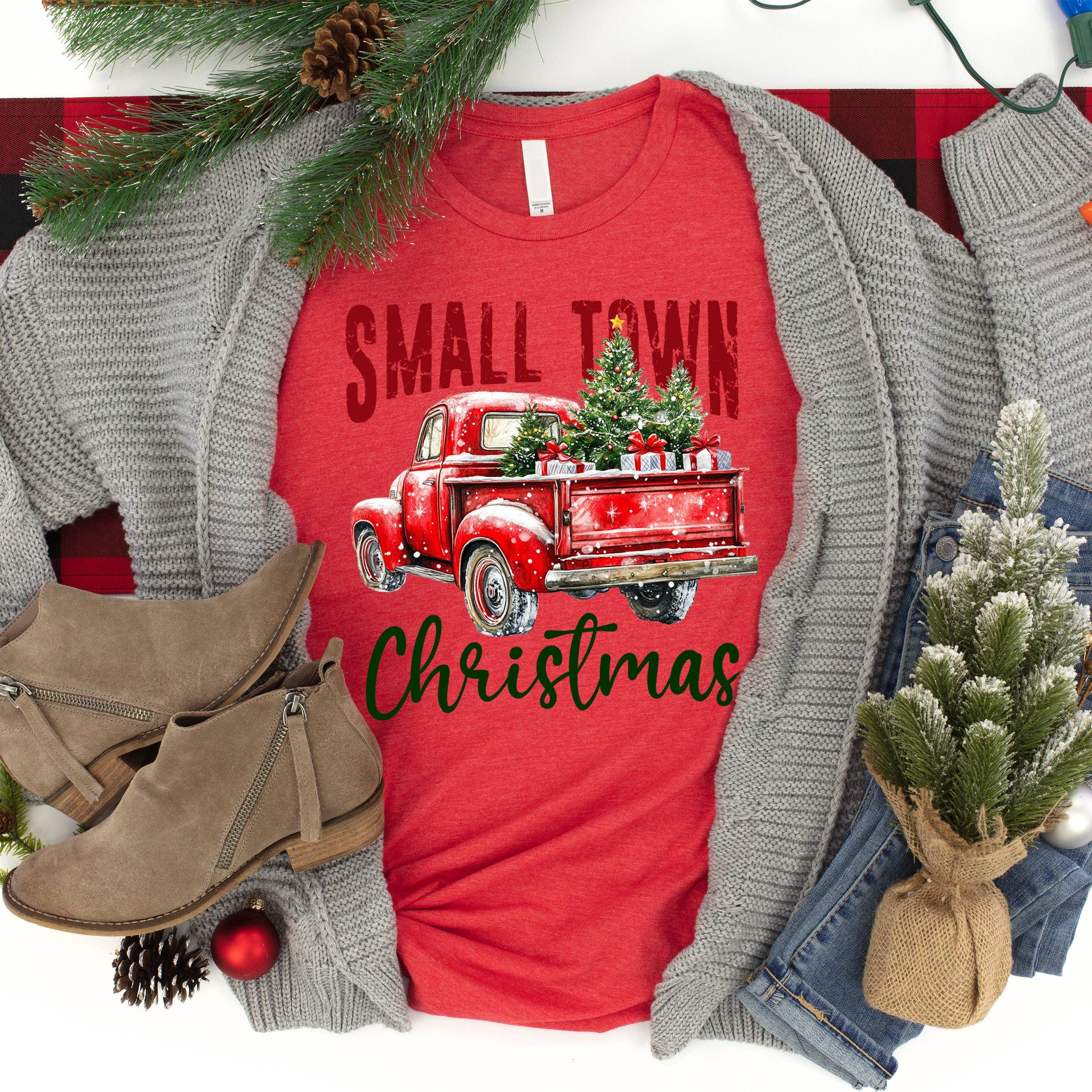 Heather Red Small Town Christmas Graphic Tee for wholesale on Faire0
