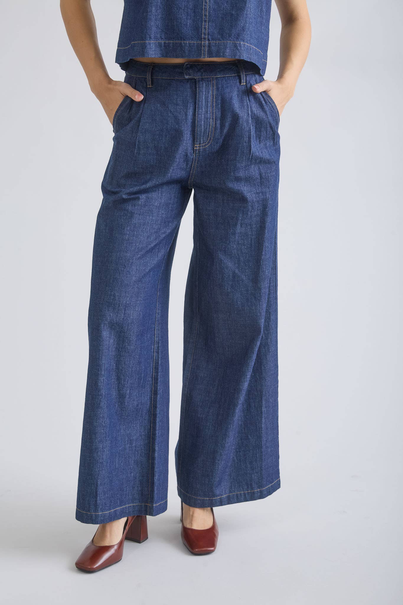 HIGH WAIST PLEATED WIDE LEG DENIM PANTS for wholesale on Faire