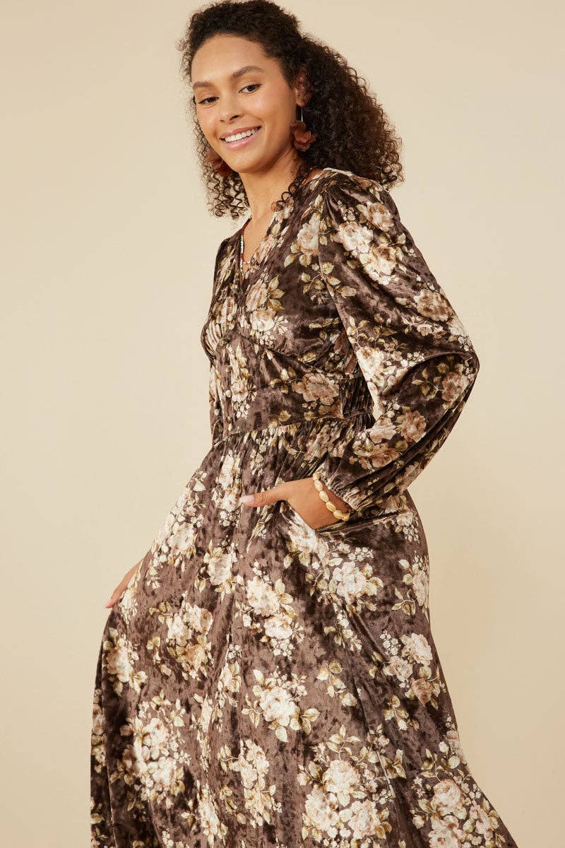 Castanho Vestido de Veludo Floral com Decote em V para Mulheres para venda a revendedores na Faire3
