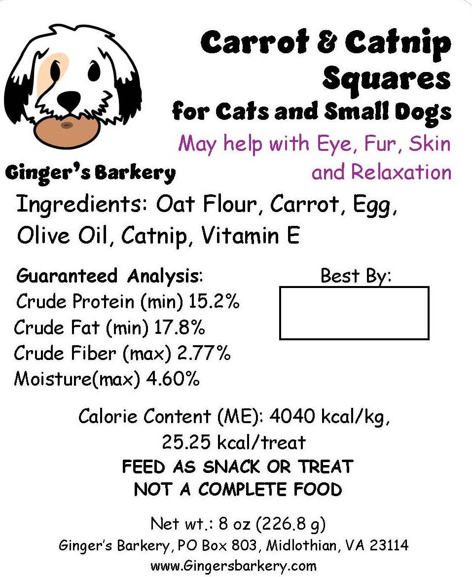 Ginger's Barkery - Wholesale Pet Treats - Cat - Carrot and Catnip Squares3