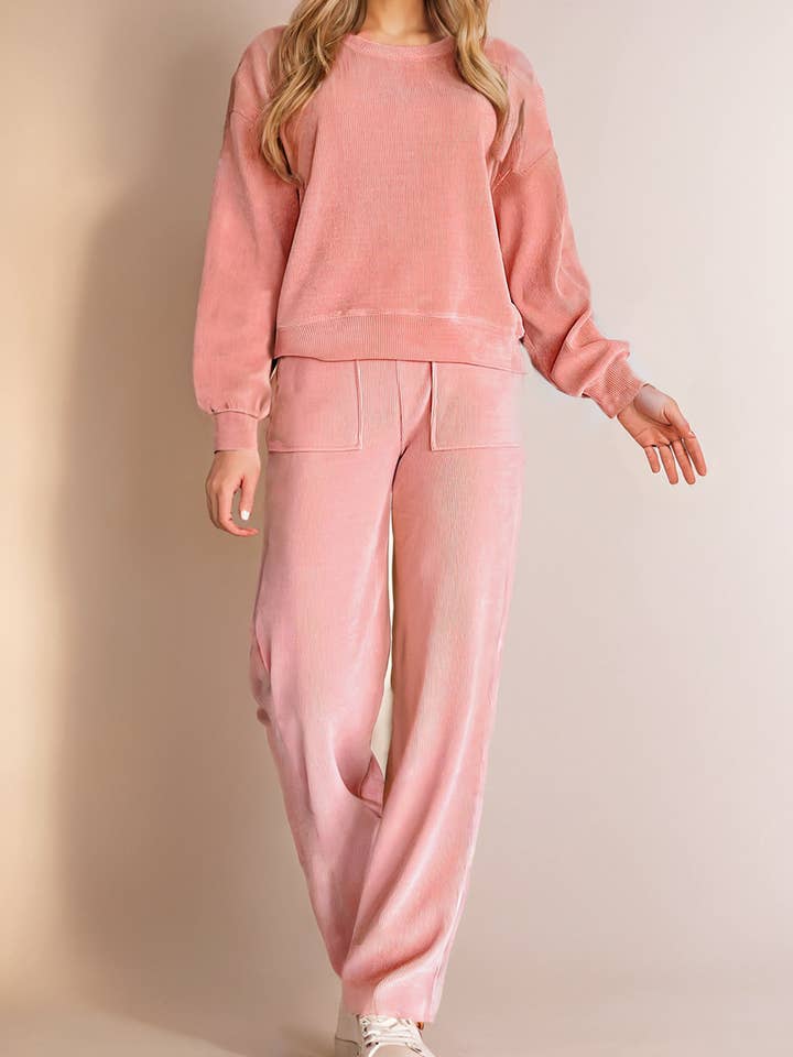 Ribbed Knit Long Sleeve Top and Pocketed Pants Lounge Set for wholesale by LA Society