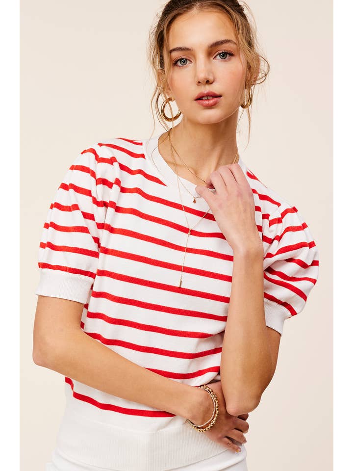La Miel - Wholesale Knit Top - Women's - JCS3562-Lightweight Puff Short Sleeve Stripe Knit Top17