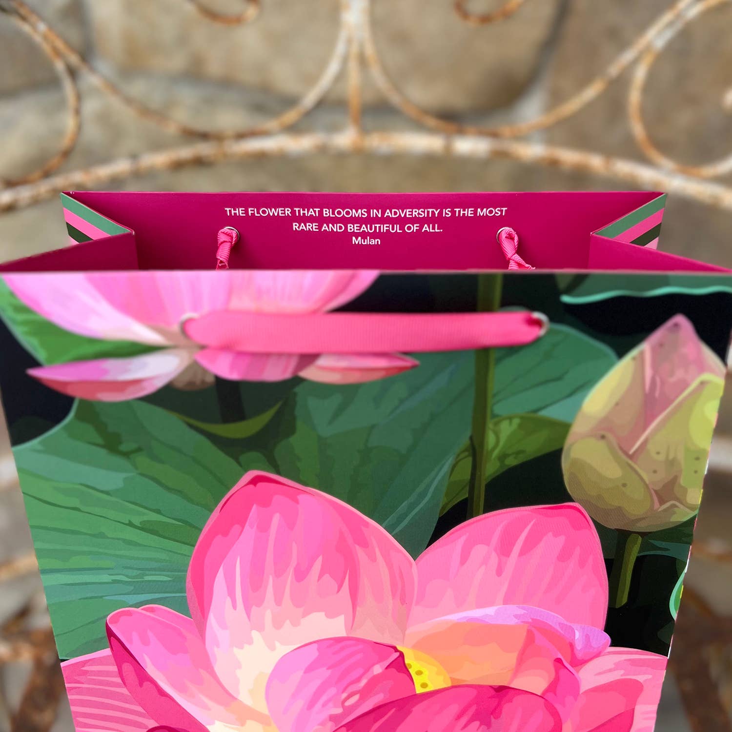 The Red Barn Press - Wholesale Gift Bag - LARGE Floral Gift Bag | Pink Lotus on Deep Green Botanical4