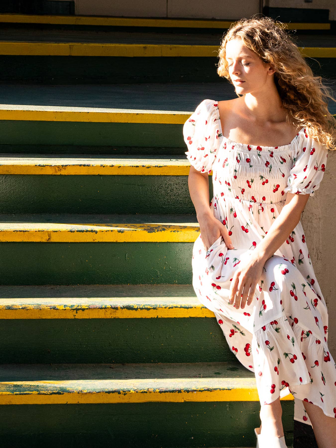 Elloh Collection - Wholesale Dress - Women's - Puff Sleeve Square Neck Cherry Print Dress with Pockets5