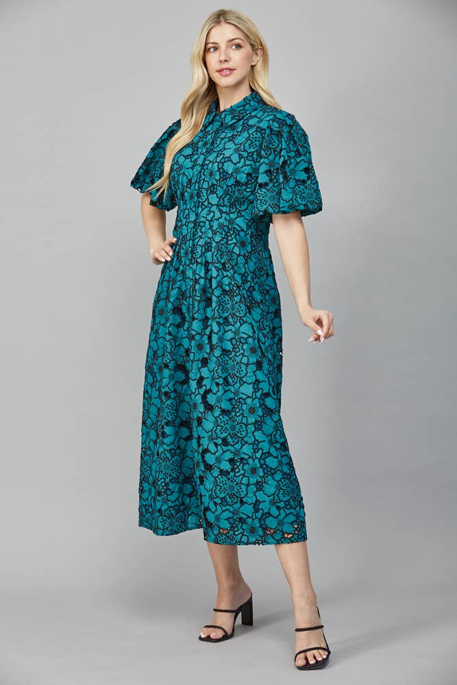 FATE - Wholesale Dress - Women's - PLEATED WAIST HALF BUTTON DETAIL EYELET LACE DRESS FD3546313