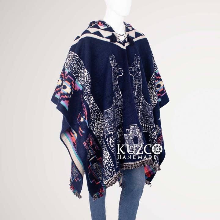 Navy Blue Alpaca Wool Poncho with Native American Patterns for wholesale by KuzcoHandmade