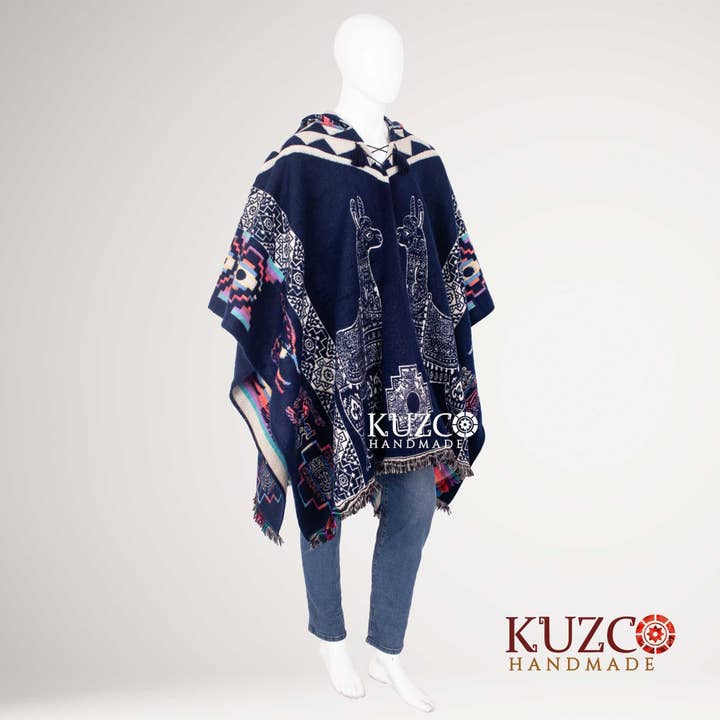 Navy Blue Alpaca Wool Poncho with Native American Patterns for wholesale by KuzcoHandmade