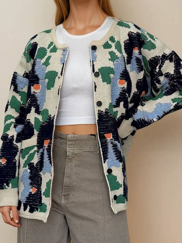 Flower Pattern Knit Cardigan with Button Front for wholesale by FRECKLE LOS ANGELES