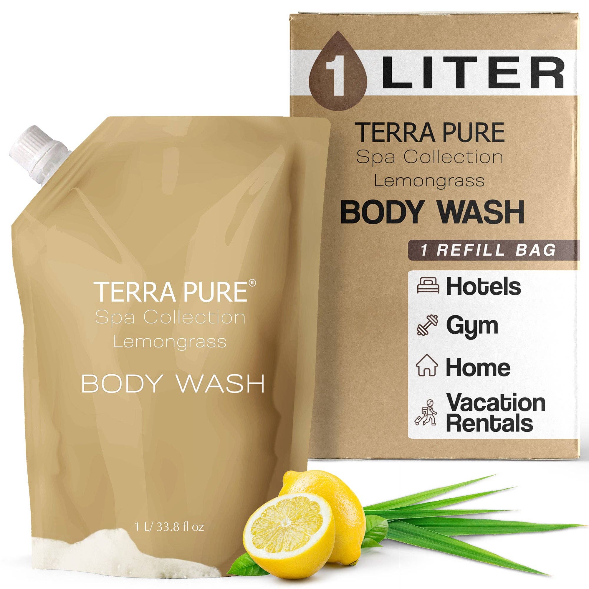Diversified Hospitality Solutions - Wholesale Body Wash/Shower Gel - Terra Pure Spa Collection 1 Liter Body Wash Refill Bag For Soap Dispensers | Bulk Toiletries for Vacation Rentals, and Home Bathroom Showers | Green Tea Lemongrass | Single0