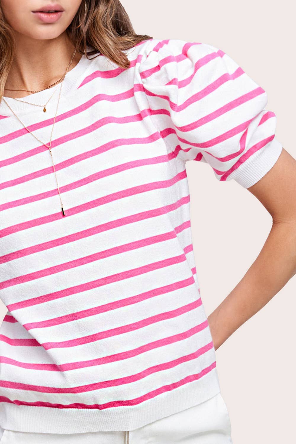 La Miel – Engroshandel Strikket top - Dame – JCS3562-letvægts Puff kortærmet stribet stribet top7