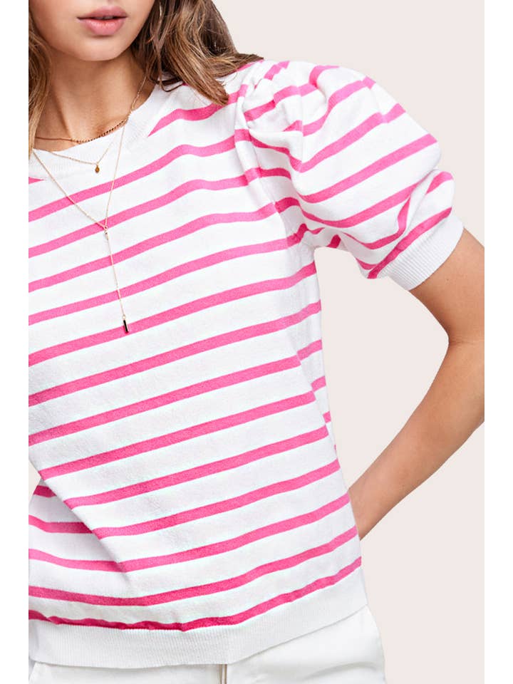 La Miel - Wholesale Knit Top - Women's - JCS3562-Lightweight Puff Short Sleeve Stripe Knit Top7