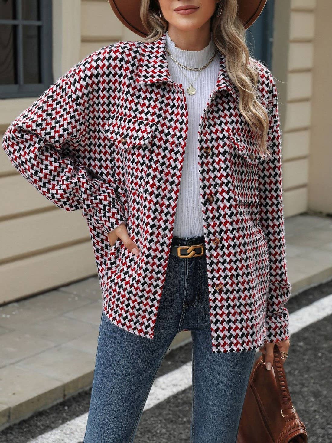 HIDDENBRAND - Wholesale Jacket - Women's - Classic Houndstooth Loose Lapel Jacket4