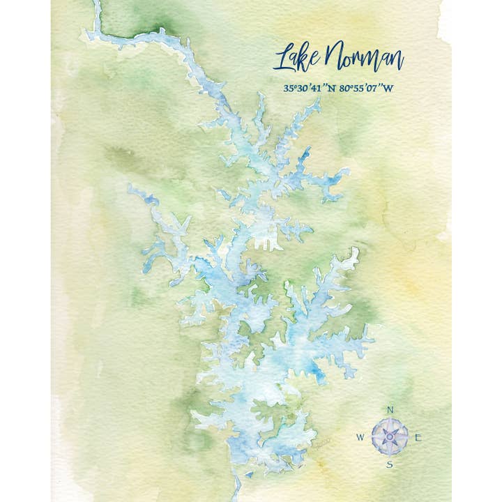 Lake Norman NC Hand-painted Watercolor Map - Art Print for wholesale by Molly Joseph Fine Art