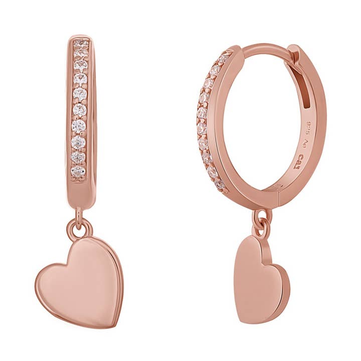 Orecchini a cuore in argento 925 placcato oro rosa con zirconi per la vendita all'ingrosso da parte di caï