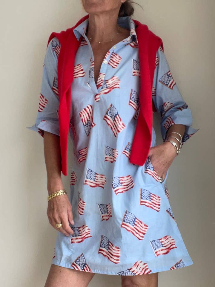 Sconset 3/4 Sleeve Flag dress in blue for wholesale by Pink Pineapple